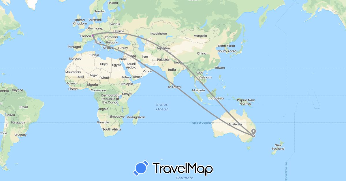 TravelMap itinerary: driving, plane, train, hiking in United Arab Emirates, Australia, Switzerland, Italy (Asia, Europe, Oceania)